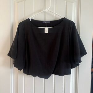 Black Flutter Sleeve Wrap Crop Blouse
